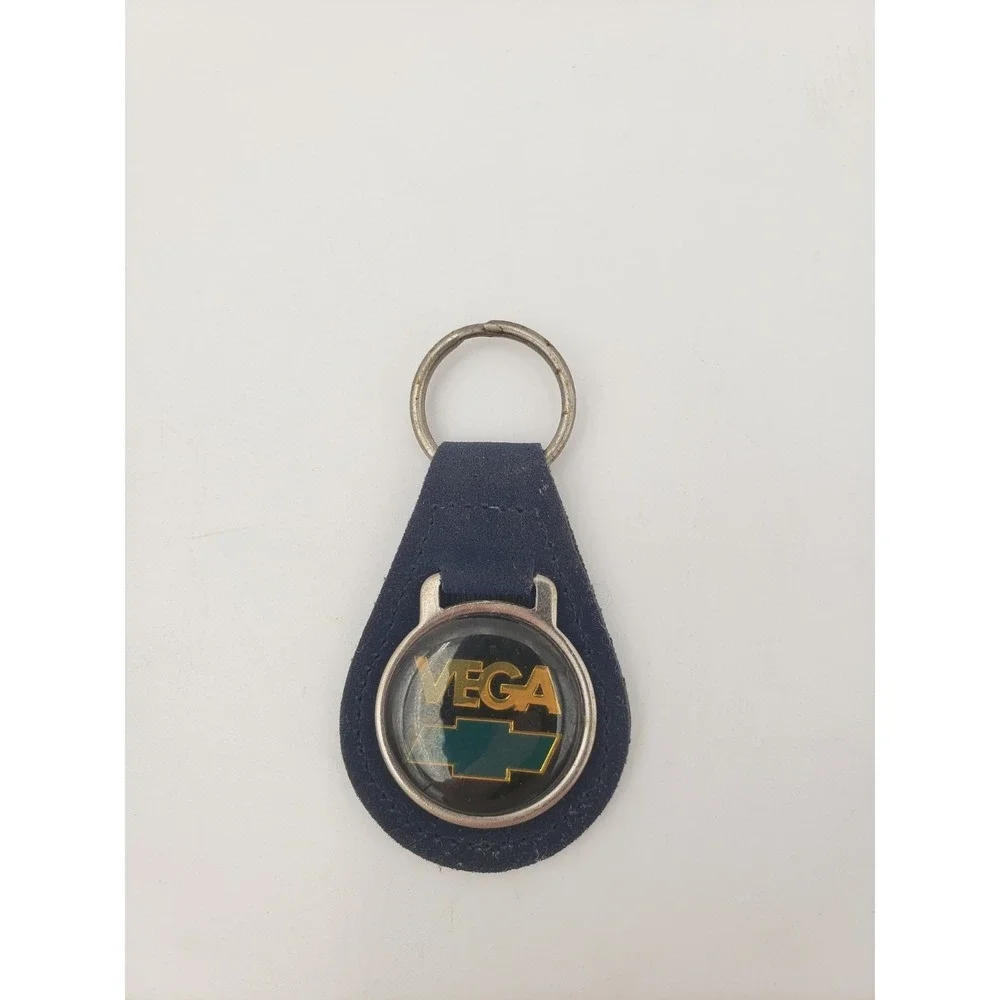 Vtg Chevrolet Vega Leather Keychain Key Fob Dark Blue Suede Teardrop Medallion